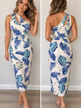 Lulus Tropical Leaf One Shoulder Cutout Midi Dress Size Medium